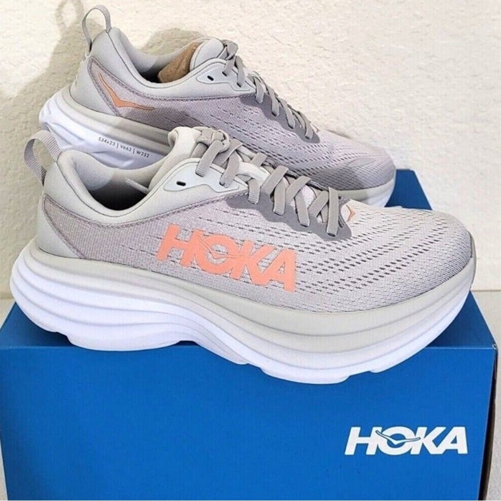 HOKA ONE Bondi 8 Women’s Running Shoe HARBOR MIST/LUNAR ROCK GRAY SZ 7B NIB!